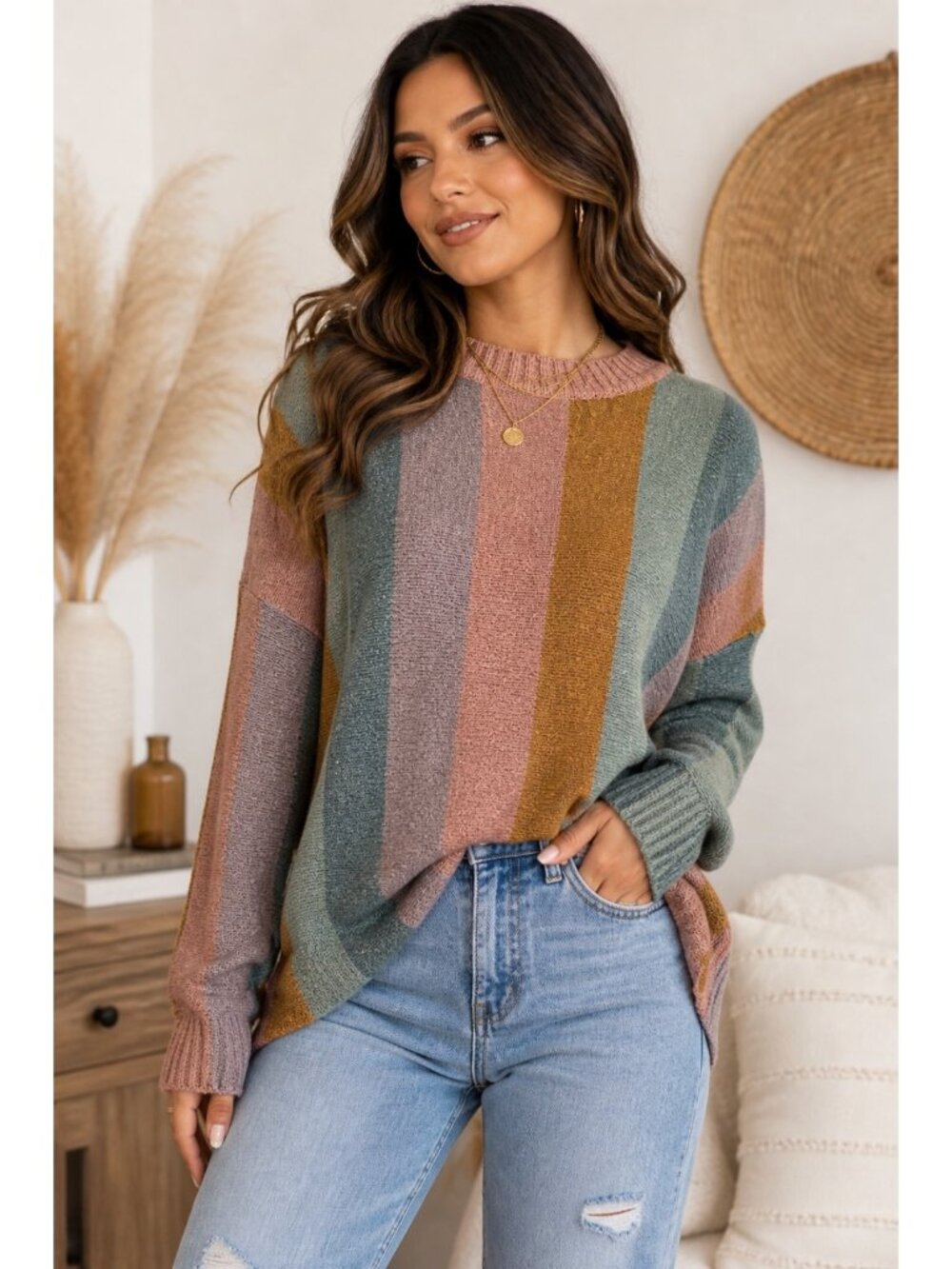 Show Me Your Mumu Elodie Sweater M Stripe Knit Cozy Neutral Oversized
